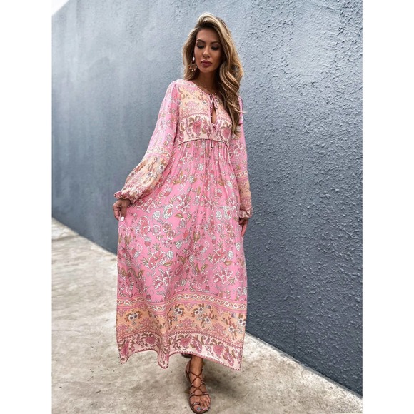 Boho Floral Print Tie Neck long sleeve Smock Dress maxi pink - Picture 7 of 8